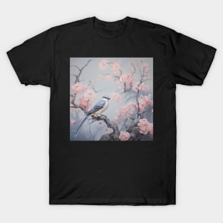 Grey and pink chinoiserie painting with birds and flowers T-Shirt